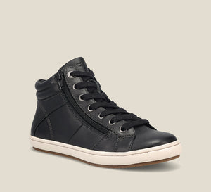 Hero image of Union Black Leather high top sneaker featuring a padded collar, lace up adjustability & outside zipper built with a polyurethane removable footbed with, rubber outsole 6
