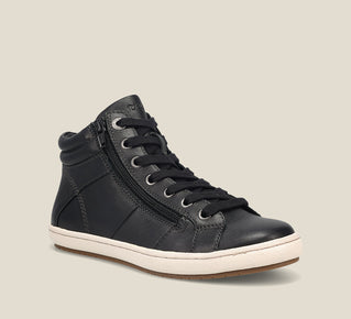 Load image into Gallery viewer, Hero image of Union Black Leather high top sneaker featuring a padded collar, lace up adjustability &amp; outside zipper built with a polyurethane removable footbed with, rubber outsole 6
