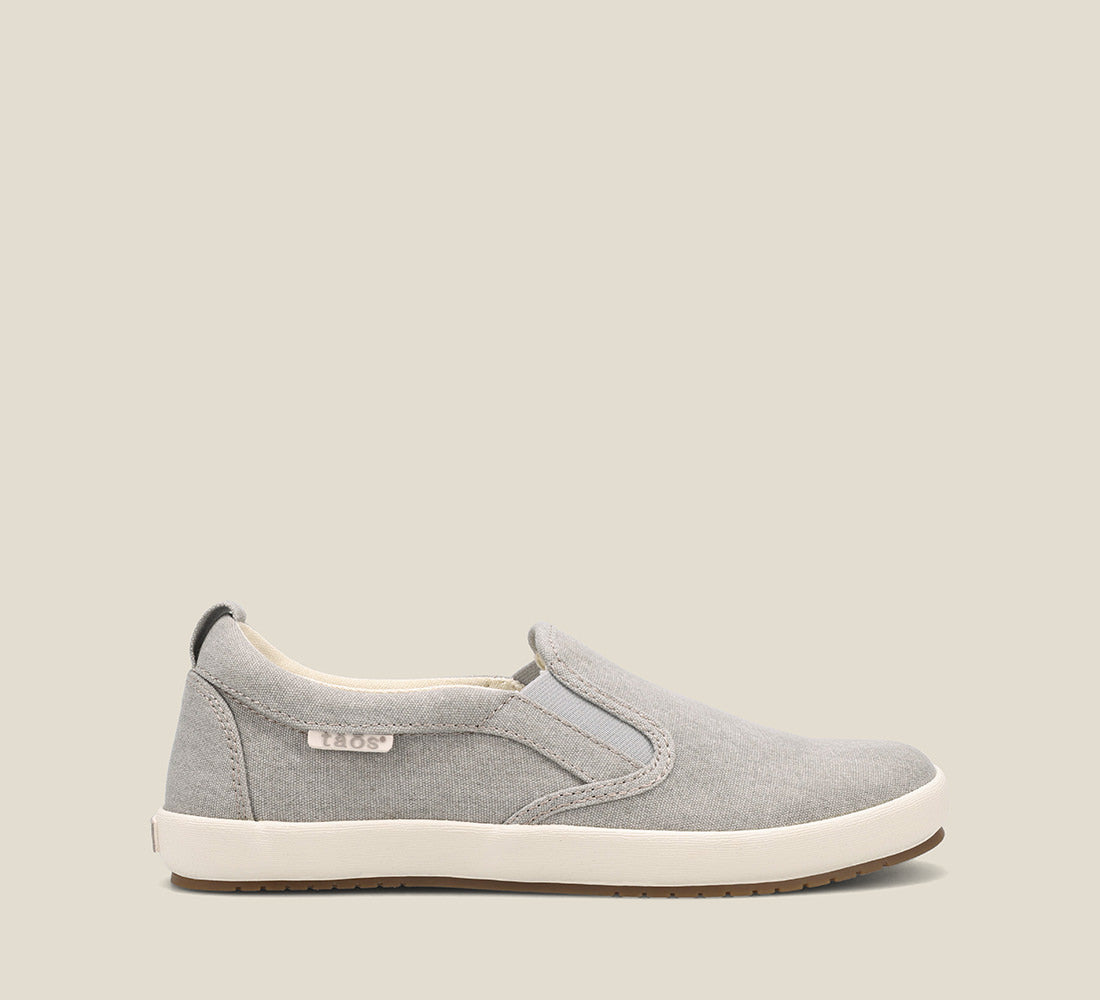 Outside Angle of Dandy Grey Wash Canvas Flexible slip-on shoe with a polyurethane removable footbed with rubber outsole 6