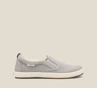 Load image into Gallery viewer, Outside Angle of Dandy Grey Wash Canvas Flexible slip-on shoe with a polyurethane removable footbed with rubber outsole 6
