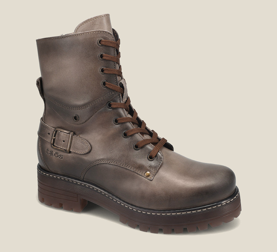 Hero Angle of Gusto Smoke lace up combat boot with removable footbed and rubbe outsole