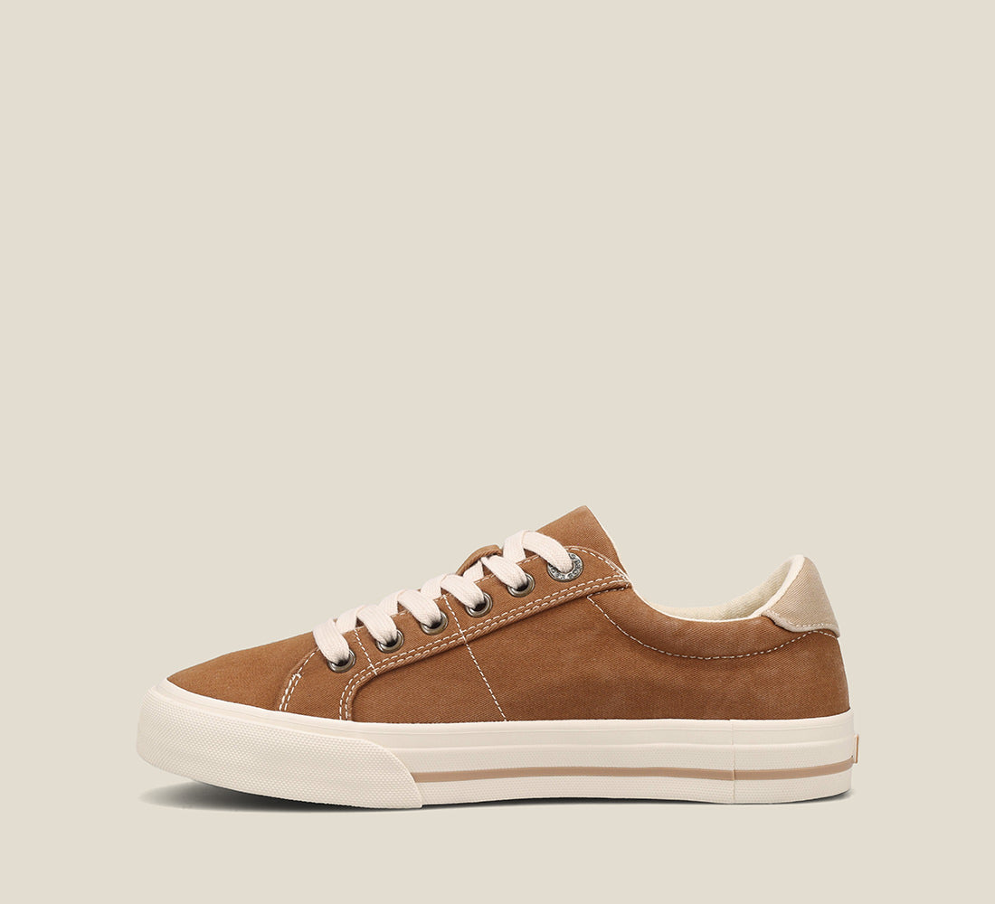 Instep of Z Soul Golden Tan/Tan Distressed Canvas lace up sneaker featuring an outside zipper,polyurethane removable footbed with rubber outsole 6