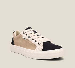 Load image into Gallery viewer, Hero image of Plim Soul Black Tan Multi Canvas lace up sneaker with removeable footbed.
