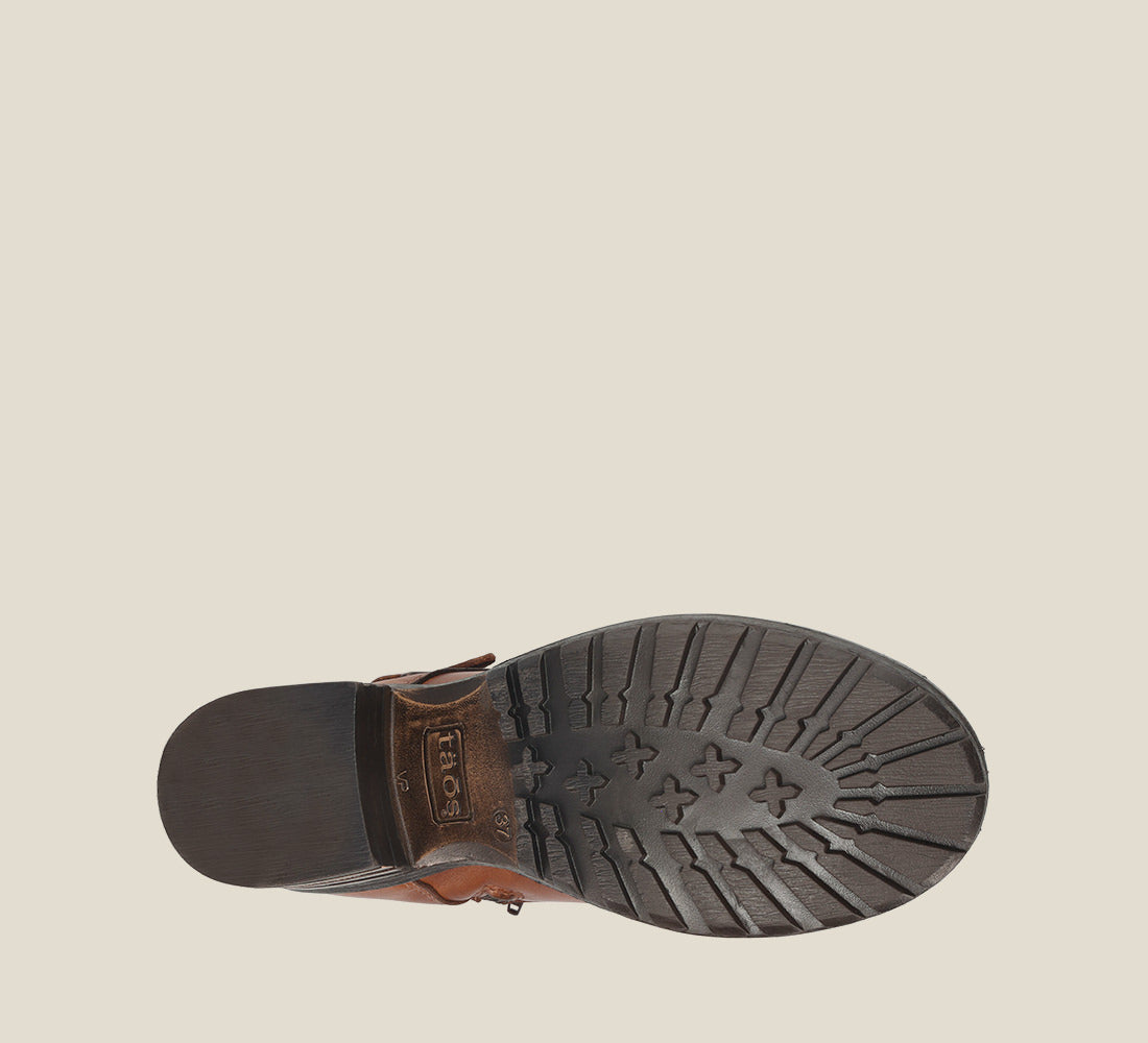 Outsole image of Crave Camel Leather &  boot with buckle & an inside zipper lace-up adjustability