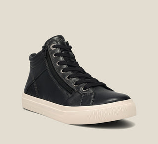 Load image into Gallery viewer, Hero image of Winner Black High top leather sneaker featuring lace up adjustability &amp; an outside zipper and removable footbed with rubber outsole 6
