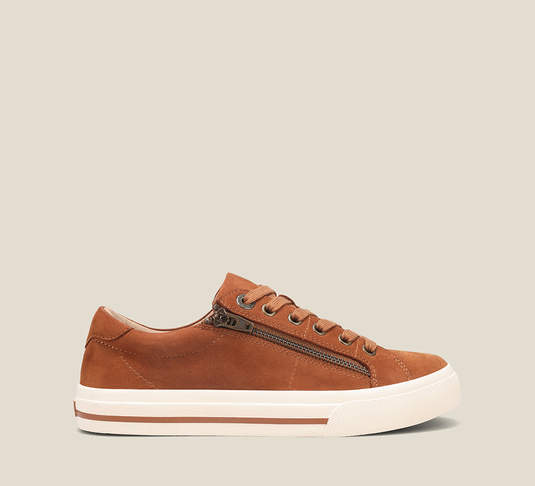 Instep image of Z Soul Amber Brown Nubuck canvas lace up sneaker featuring an outside curves & pods removable footbed & rubber outsole