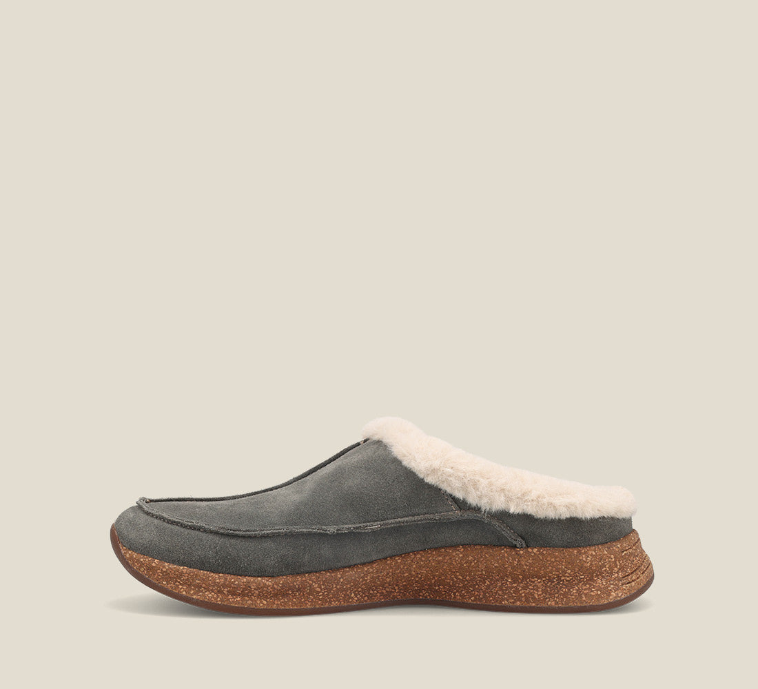 Instep of Future Dark Grey Suede Water resistant suede slip on clog with faux fur lining, a removable footbed, &rubber outsole 6