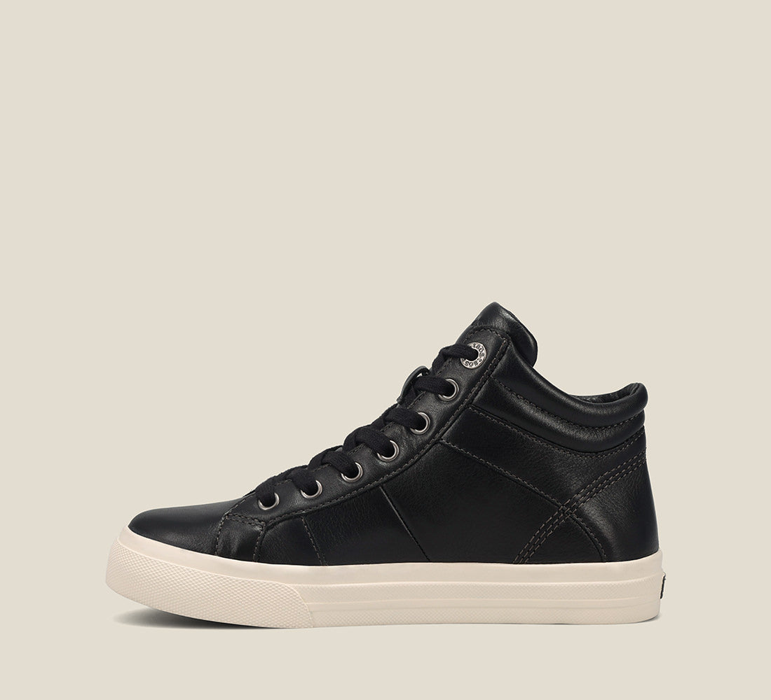 Instep of Winner Black High top leather sneaker featuring lace up adjustability & an outside zipper and removable footbed with rubber outsole 6