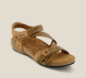 3/4 Angle of Trulie Camel Casual leather sandal with woven hook and loop straps lightweight cork- footbed lined in suede and lightweight Rubberlon outsole. - size 36