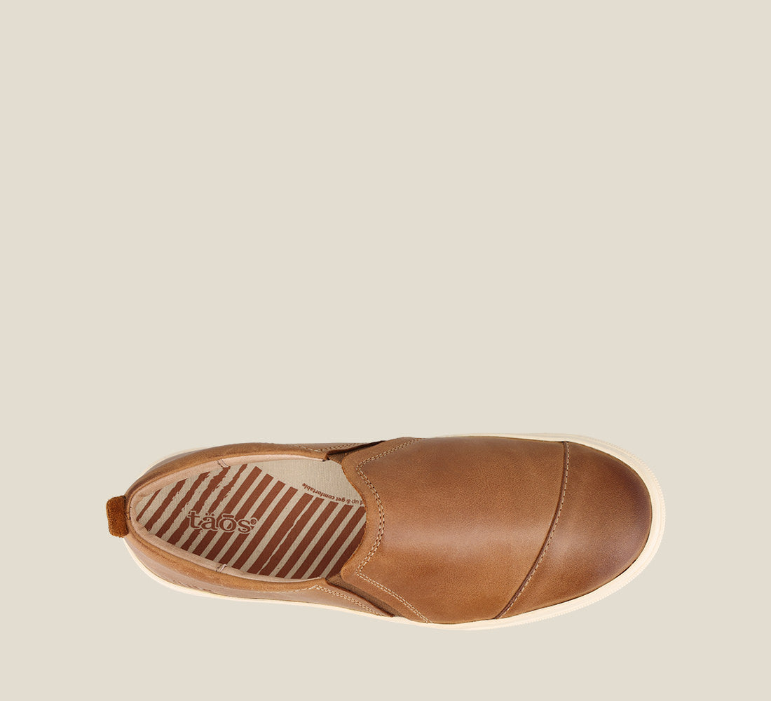 Top down Angle of Twin Gore Lux Caramel Leather double gore slip on featuring our curves & pods removable footbed &rubber outsole 6