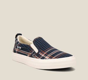 Hero image of Rubber Soul Blue Plaid Canvas slip-on sneaker Curves & Pods removable footbed with Soft Support and rubber outsole.