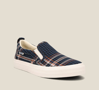 Load image into Gallery viewer, Hero image of Rubber Soul Blue Plaid Canvas slip-on sneaker Curves &amp; Pods removable footbed with Soft Support and rubber outsole.
