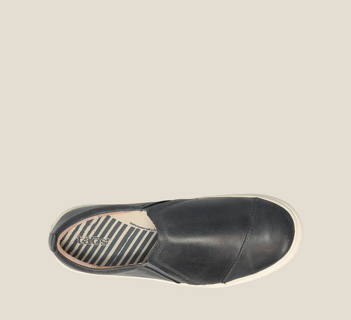 Top down Angle of Twin Gore Lux Steel Leather double gore slip on featuring our curves & pods removable footbed &rubber outsole 6