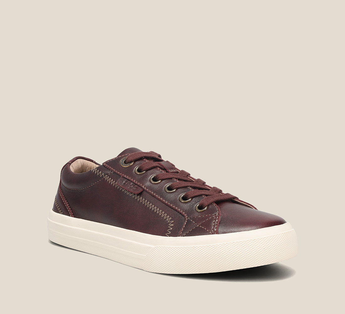 Hero image of Plim Soul Lux Merlot leather sneaker featuring a polyurethane removable footbed with rubber outsole