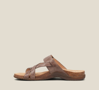 Load image into Gallery viewer, Side Angle of Perfect Espresso Slide sandal on our cork footbed featuring an adjustable strap and rubber outsole
