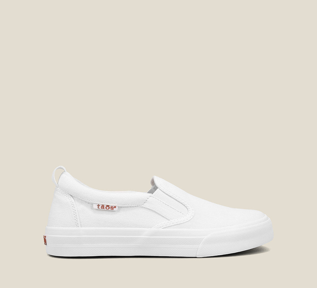 Outside Angle of Rubber Soul White Canvas slip-on sneaker,polyurethane removable footbed with rubber outsole 6