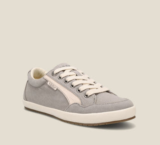 Load image into Gallery viewer, Hero image of Shooting Star Grey Beige Distressed Canvas lace up sneaker with removeable footbed.
