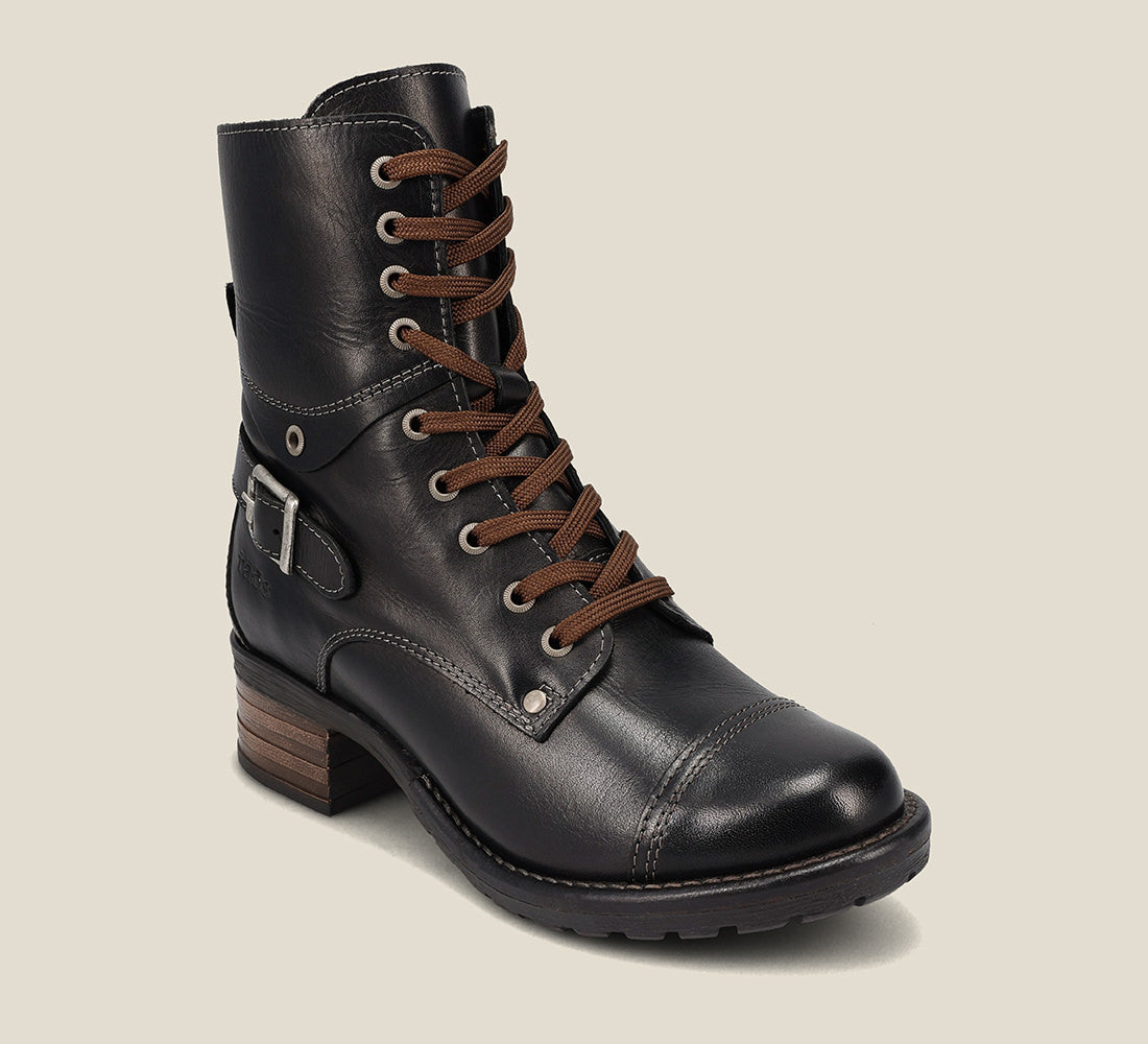 Hero image of Crave Black Leather &  boot with buckle & an inside zipper lace-up adjustability.