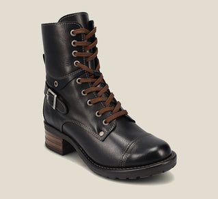 Load image into Gallery viewer, Hero image of Crave Black Leather &amp;  boot with buckle &amp; an inside zipper lace-up adjustability.
