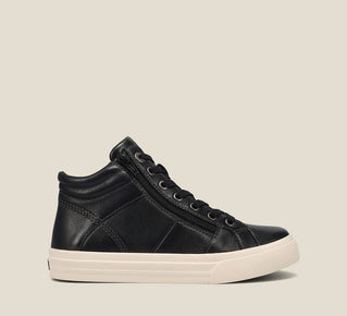 Load image into Gallery viewer, Outside Angle of Winner Black High top leather sneaker featuring lace up adjustability &amp; an outside zipper and removable footbed with rubber outsole 6
