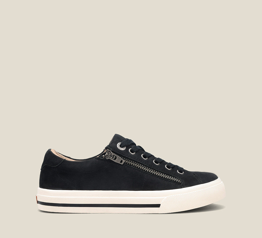 Instep image of Z Soul Black canvas lace up sneaker featuring an outside curves & pods removable footbed & rubber outsole