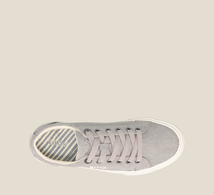 Top down Angle of Plim Soul Grey Wash Canvas Canvas sneaker with laces,polyurethane removable footbed with rubber outsole 6
