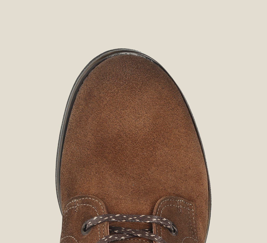 Top down image of Cove brown suede lace up boot with wool padded collars detailed stitching and and premium TR outsole