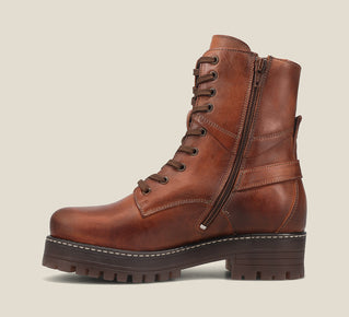 Load image into Gallery viewer, Outsole Angle of Gusto Cognac lace up combat boot with removable footbed and rubbe outsole
