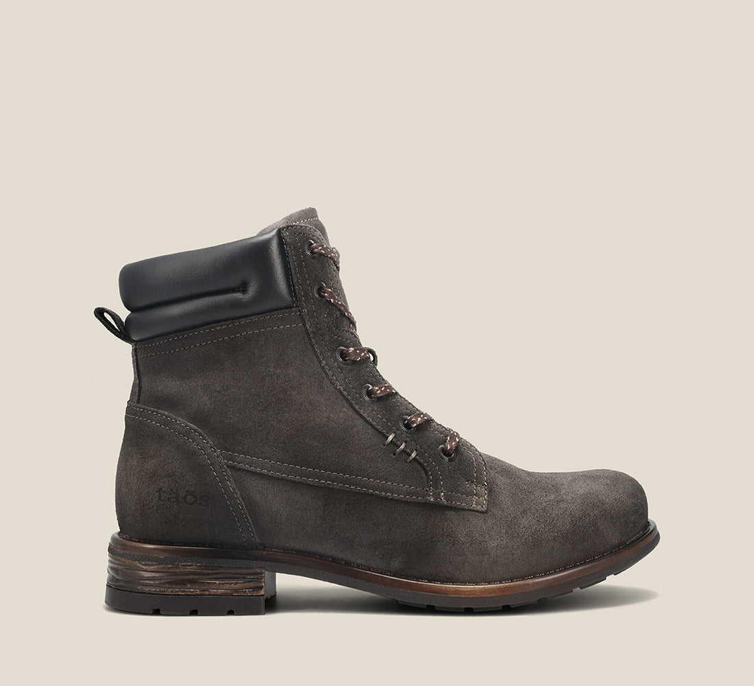 Instep image of Cove charcoal suede lace up boot with wool padded collars detailed stitching and and premium TR outsole