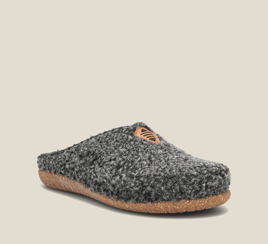 "Hero image of My Sweet Wool Charcoal Plush clog with featuring a removable footbed with arch & metatarsal support, & TR outsole."