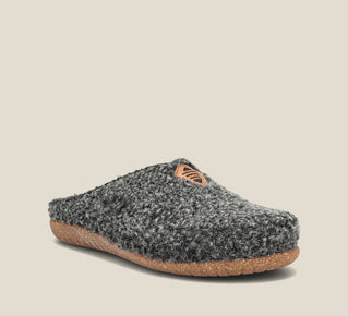 Load image into Gallery viewer, &quot;Hero image of My Sweet Wool Charcoal Plush clog with featuring a removable footbed with arch &amp; metatarsal support, &amp; TR outsole.&quot;
