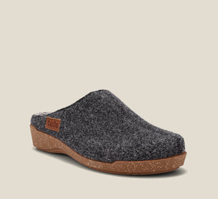 Load image into Gallery viewer, Hero image of Woollery Charcoal Two-tone wool slip on clog with cork detail, a footbed, &amp; rubber outsole 36
