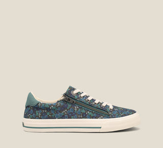 Load image into Gallery viewer, Outside Angle of Z Soul Teal Floral Multi Canvas lace up sneaker featuring an outside zipper,polyurethane removable footbed with rubber outsole 6
