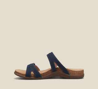 Load image into Gallery viewer, Side angle image of Taos Footwear Bandalero Navy Nubuck Size 6
