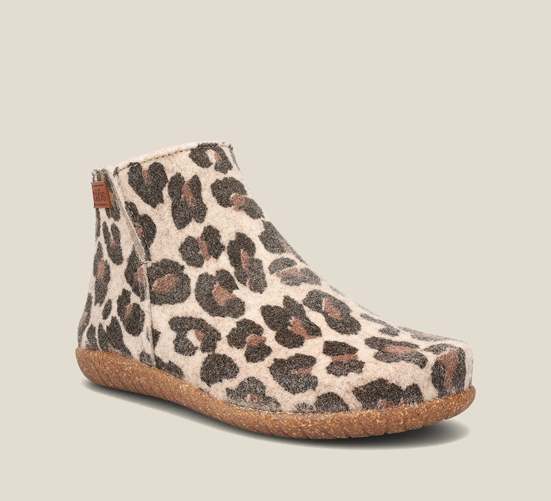 "Hero image of Good Wool Stone Leopard Wool, wool pull on bootie, wool lined, with a removable footbed &TR outsole"