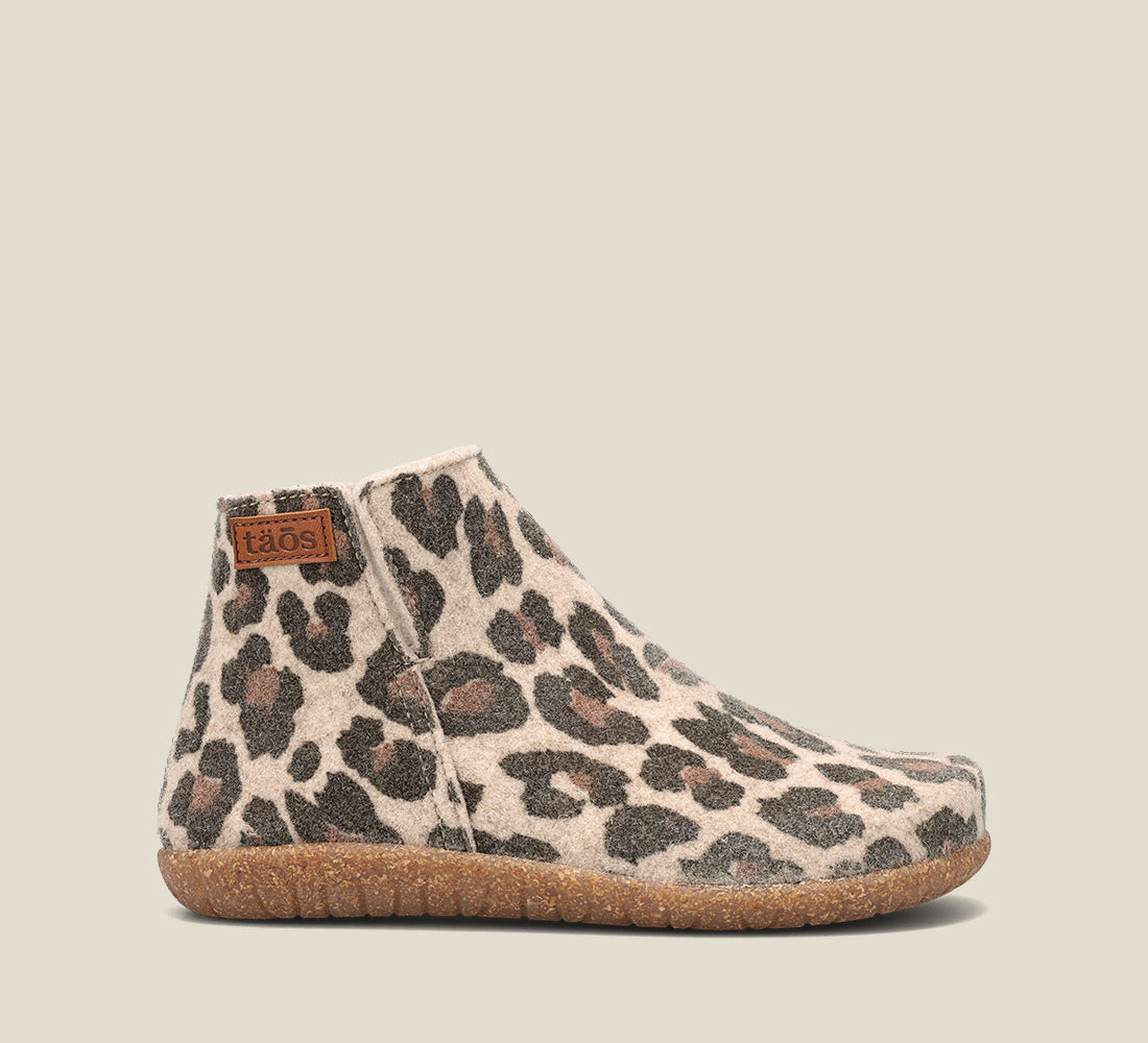 "Side image of Good Wool Stone Leopard Wool, wool pull on bootie, wool lined, with a removable footbed &TR outsole"