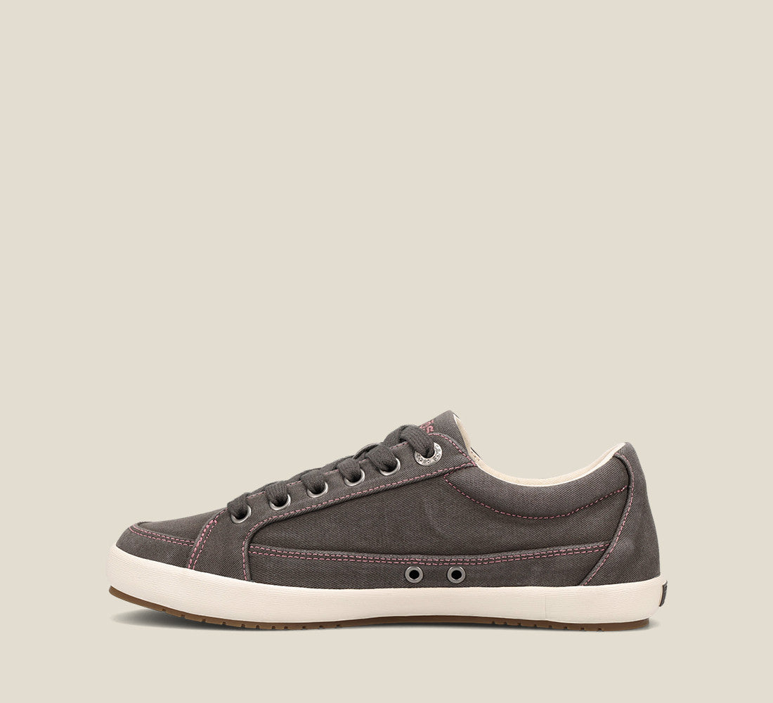 "Side image of Moc Star 2 Graphite Distressed Canvas sneaker with laces, Curves & PodsÂ® polyurethane removable footbed with Soft Supportâ„¢, and durable, flexible rubber outsole."