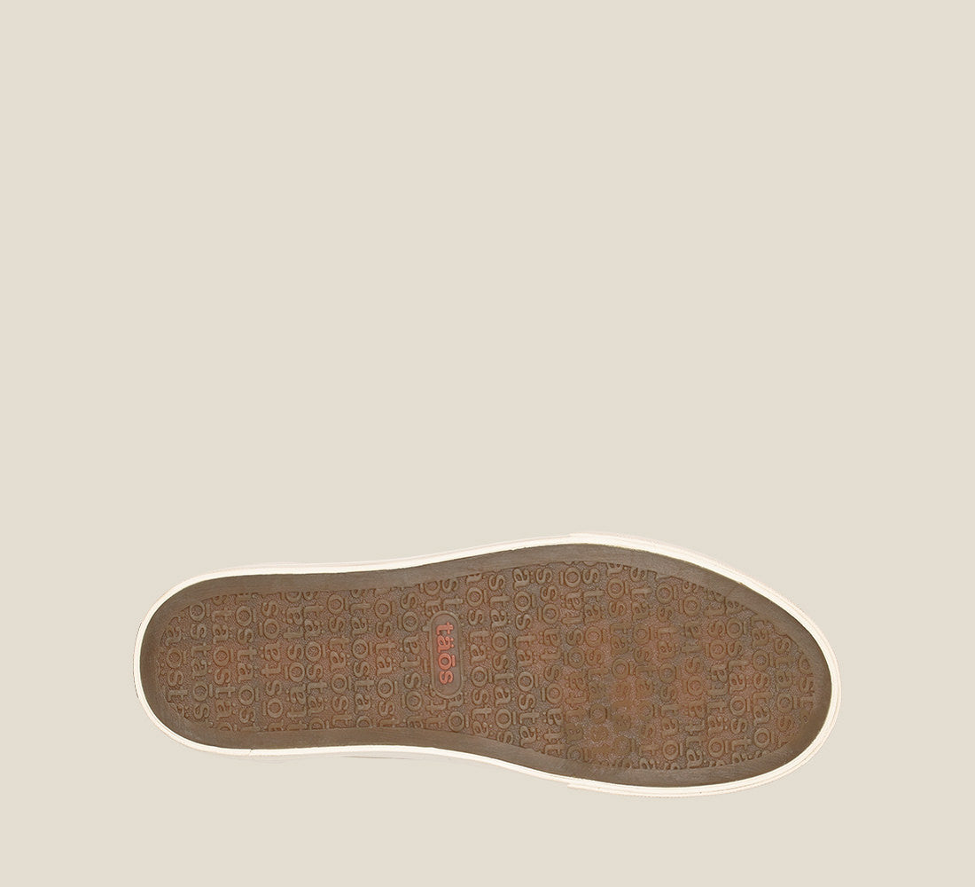 Outsole image of Plim Soul Black Tan Multi Canvas lace up sneaker with removeable footbed.