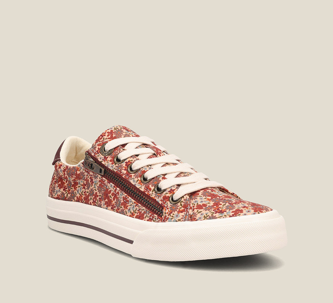 "Hero image of Z Soul Fall Floral Multi Canvas lace up sneaker featuring an outside zipper, Curves & PodsÂ® polyurethane removable footbed with Soft Supportâ„¢, and durable, flexible rubber outsole."