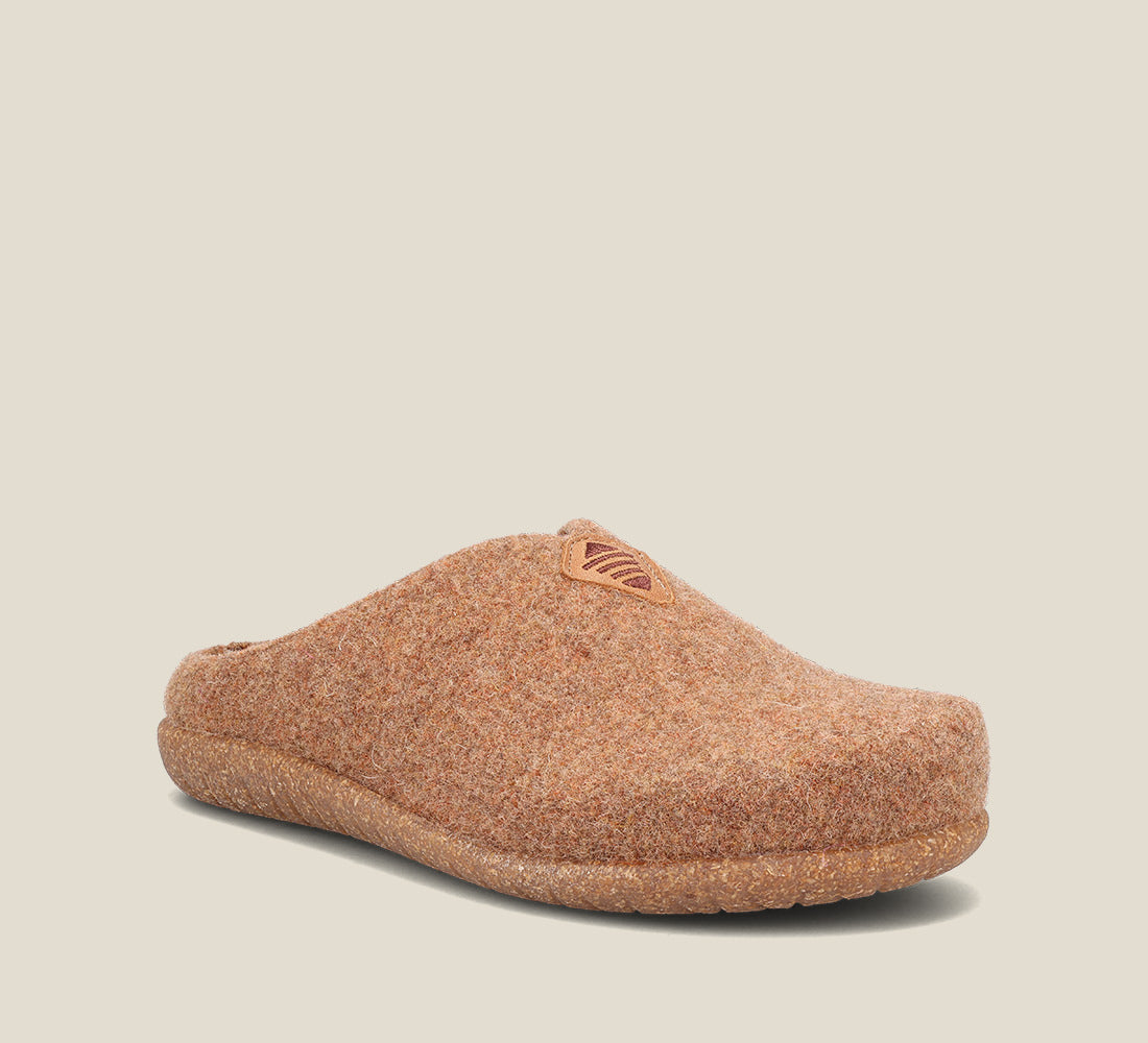 "Hero image of My Sweet Wool New Tan Wool clog with featuring a removable footbed with arch & metatarsal support, & TR outsole."