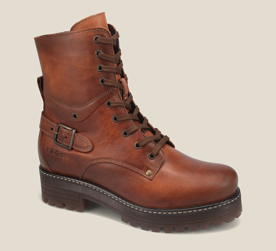 Hero Angle of Gusto Cognac lace up combat boot with removable footbed and rubbe outsole