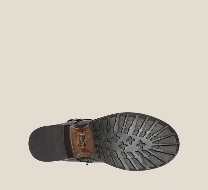 Outsole image of Crave Black Leather &  boot with buckle & an inside zipper lace-up adjustability.