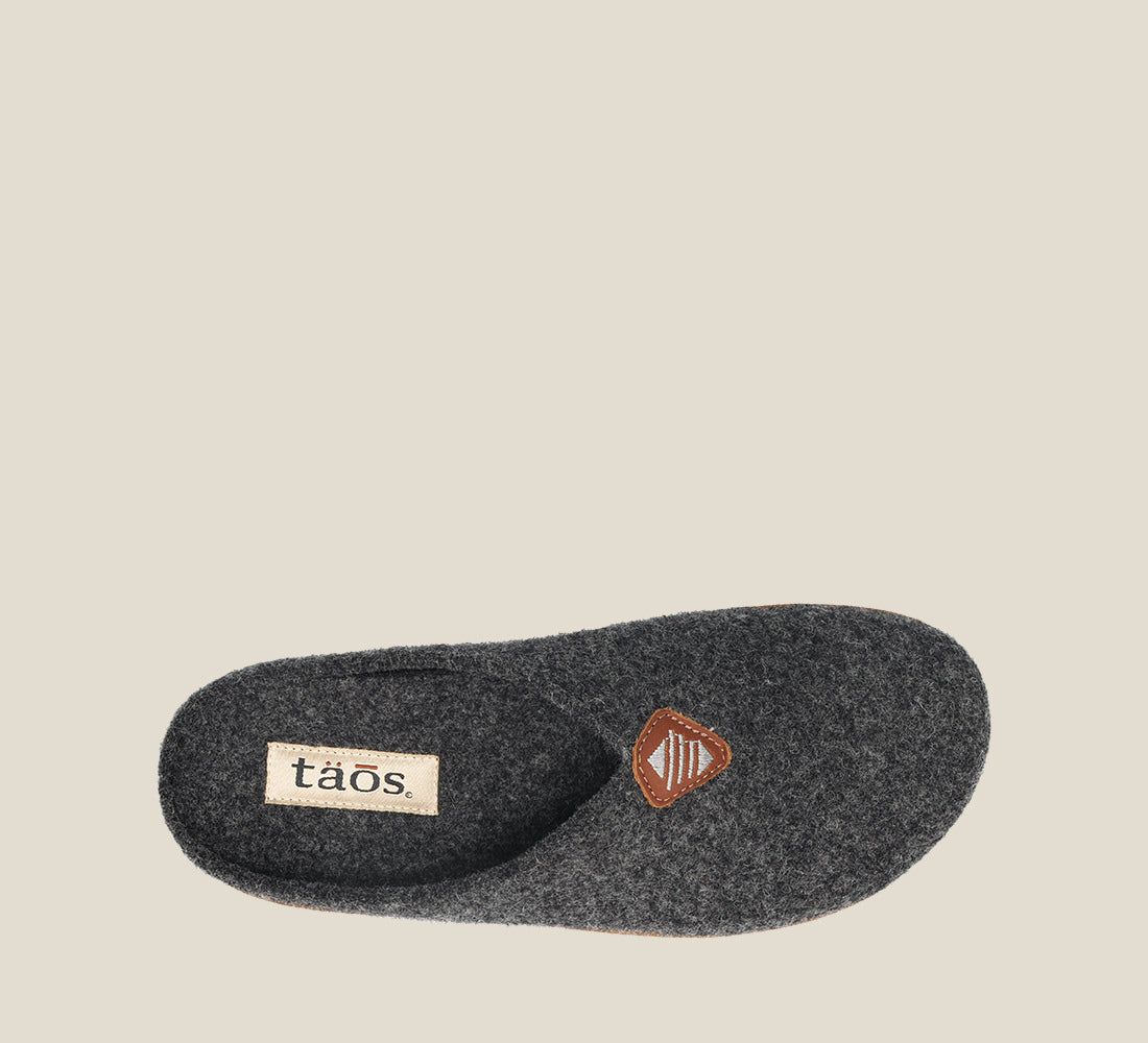 Top down Angle of My Sweet Wool Charcoal Wool clog with featuring a removable footbed with arch & metatarsal support, & TR outsole 36