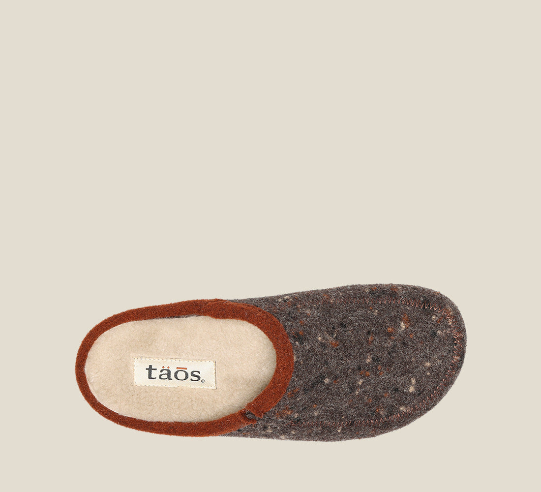 "Side image of Woollery Charcoal Two-tone wool slip on clog with cork detail