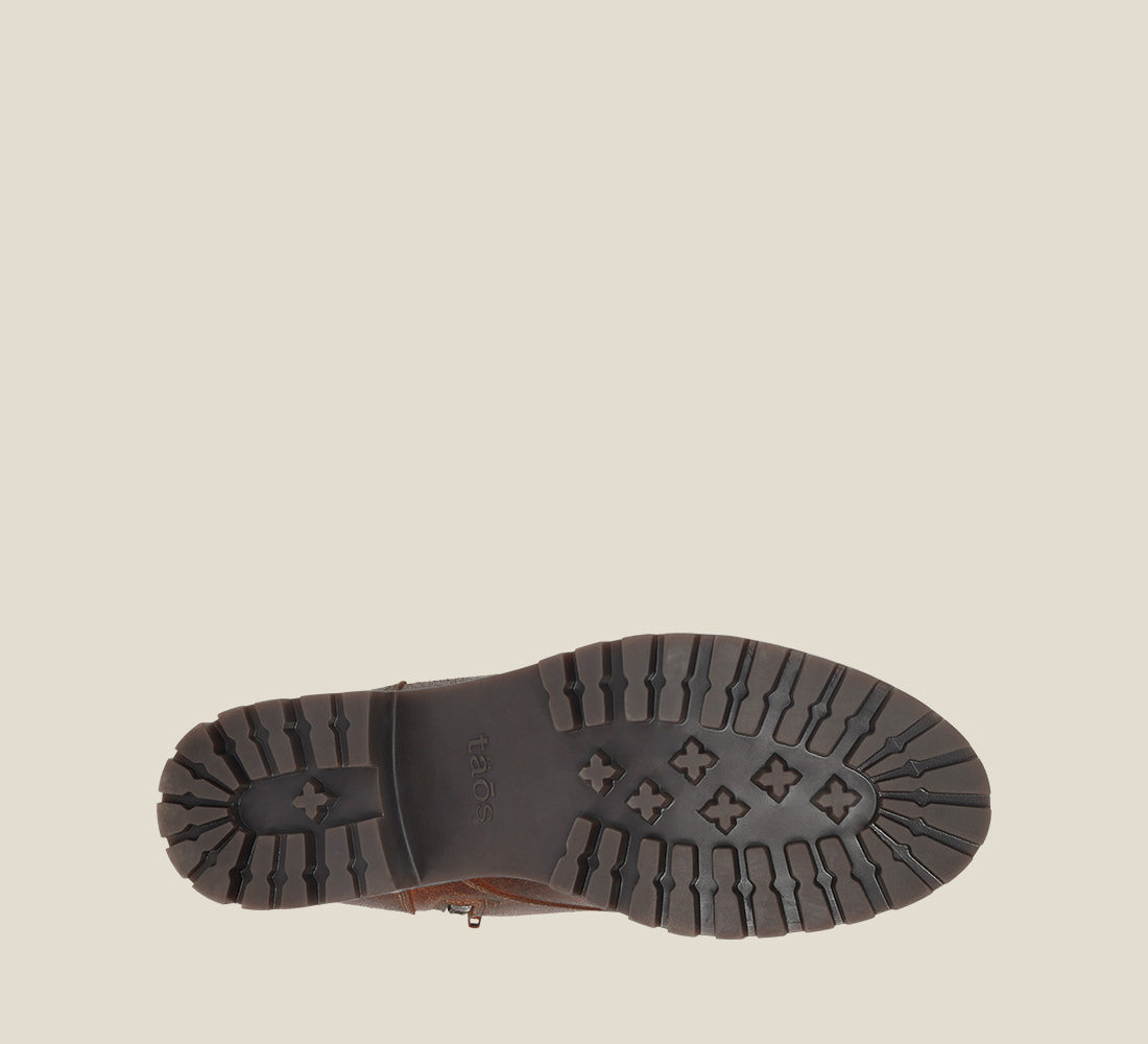 Outsole image of Groupie Cognac Rugged boot with removable outsoles & an inside zipper lace-up adjustability.