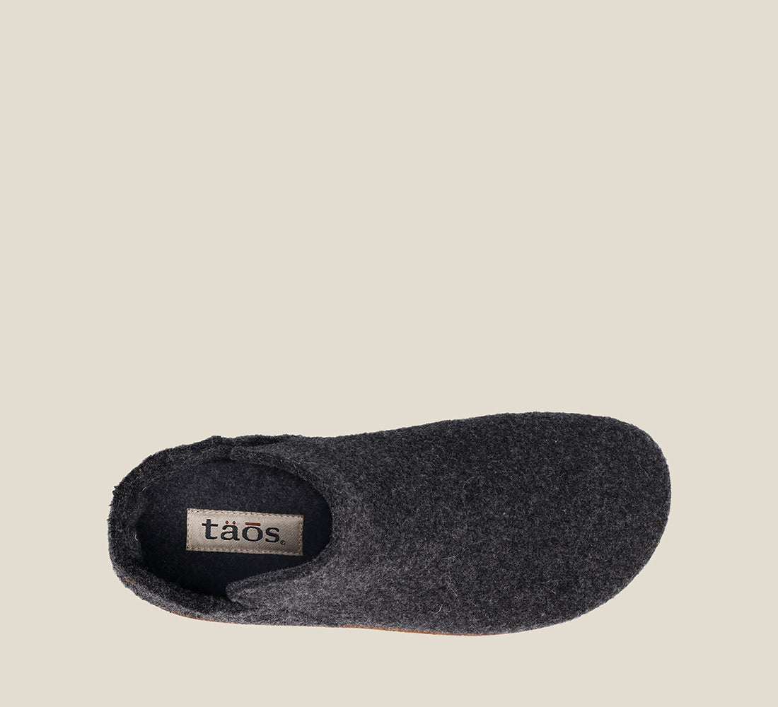 Top down Angle of Good Wool Charcoal Short wool pull on bootie, wool lined, with a removable footbed &TR outsole 36