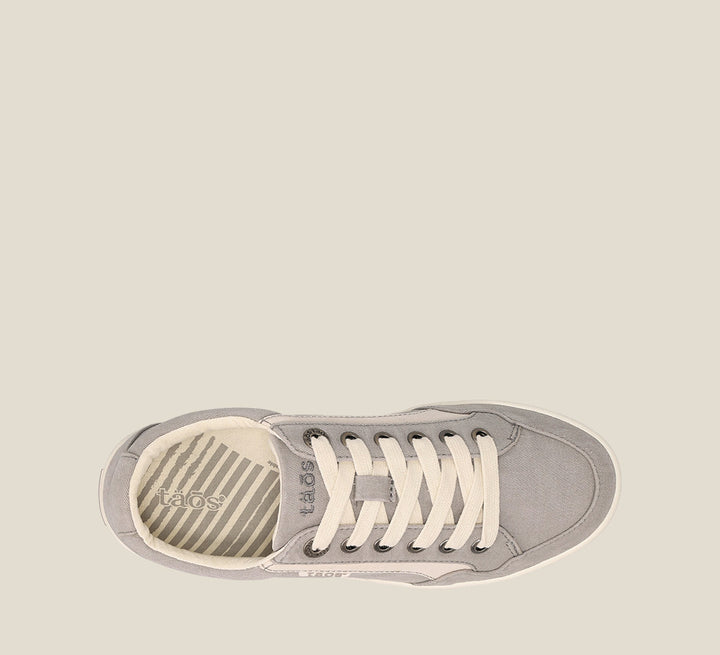 Top image of Shooting Star Grey Beige Distressed Canvas lace up sneaker with removeable footbed.