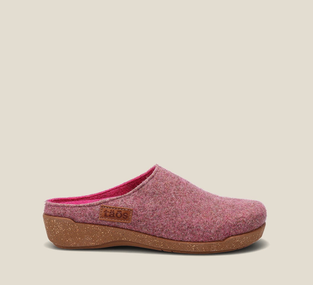 "Outside Angle of Woollery Rose Two-tone wool slip on clog with cork detail, a footbed, & rubber outsole 36"
