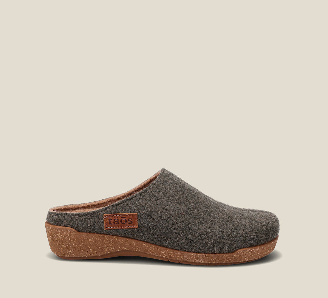 Outside Angle of Woollery Olive Two-tone wool slip on clog with cork detail, a footbed, & rubber outsole 36