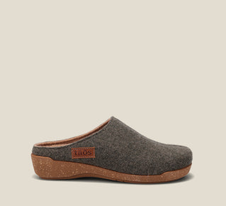 Load image into Gallery viewer, Outside Angle of Woollery Olive Two-tone wool slip on clog with cork detail, a footbed, &amp; rubber outsole 36
